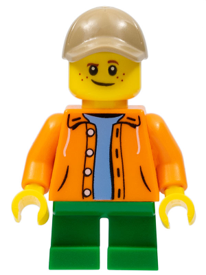Boy, Orange Jacket with Hood over Light Blue Sweater, Green Short Legs, Dark Tan Cap with Hole