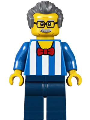 Carousel Ticket Vendor - Male, Blue Shirt with White Stripes and Red Bow Tie, Dark Blue Legs, Dark Bluish Gray Swept Back Hair, Moustache and Glasses