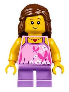 Girl - Bright Pink Top with Butterflies and Flowers, Medium Lavender Short Legs, Reddish Brown Female Hair Mid-Length