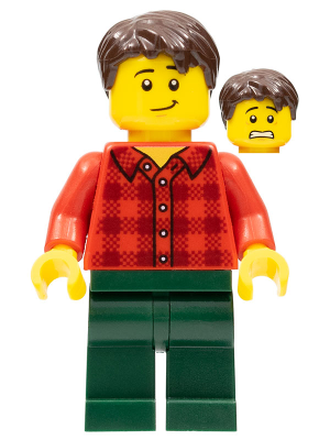 Man, Red Plaid Flannel Shirt, Dark Green Pants, Dark Brown Hair