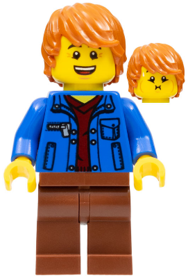 Male with Blue Jacket over Dark Red V-Neck Sweater and Reddish Brown Legs