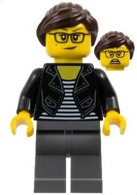 Female with Striped Black and White Shirt, Black Jacket, Dark Bluish Gray Legs, Dark Brown Hair