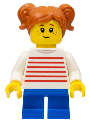 Child - Girl, White Sweater with Red Horizontal Stripes, Blue Short Legs, Dark Orange Hair with Pigtails, Freckles