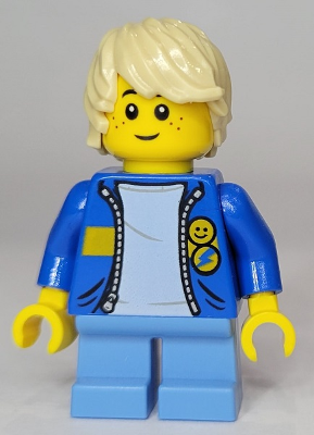 Child - Boy, Blue Jacket with Yellow Stripe, Medium Blue Short Legs, Tan Tousled Hair, Freckles