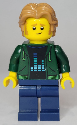 Man - Dark Green Hoodie, Dark Blue Legs, Medium Nougat Wavy Hair