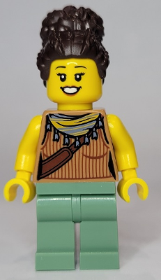 Woman, Medium Nougat Tank Top with Reddish Brown Ribbing and Should Bag, Sand Green Legs, Dark Brown Coiled Hair in High Bun