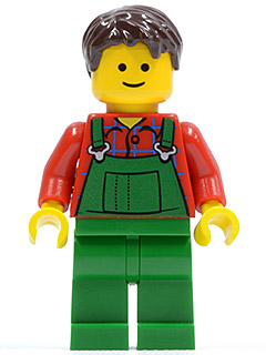 Overalls Farmer Green, Dark Brown Short Tousled Hair, Standard Grin