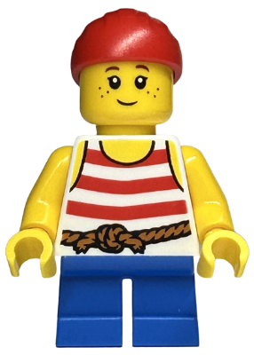 Child - Girl, Pirate Costume, White Tank Top with Red Stripes, Blue Short Legs, Red Bandana