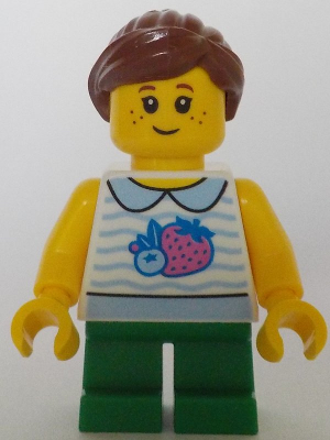 Child - Girl, White Collared Shirt with Fruit, Green Short Legs, Reddish Brown Ponytail, Freckles