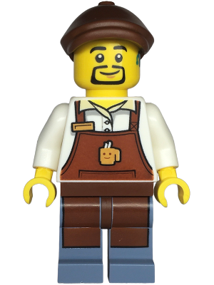 Barista - Male, Reddish Brown Apron with Cup and Name Tag, Sand Blue Legs, Reddish Brown Flat Cap, Hearing Aid