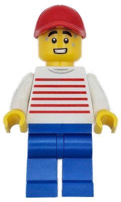 Retro Food Truck Vendor - Male, White Sweater with Red Horizontal Stripes, Blue Legs, Red Cap, Sweat Drops
