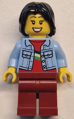 Woman - Bright Light Blue Denim Jacket, Dark Red Legs, Black Mid-Length Tousled Hair