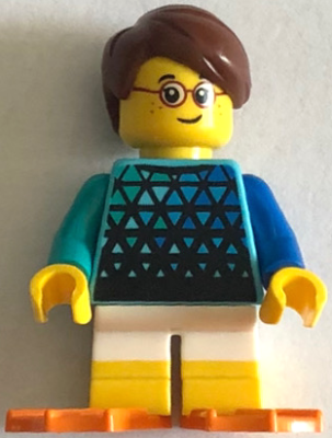 Child - Boy, Medium Azure Top with Triangles, White Short Legs with Yellow Feet, Reddish Brown Hair, Orange Flippers
