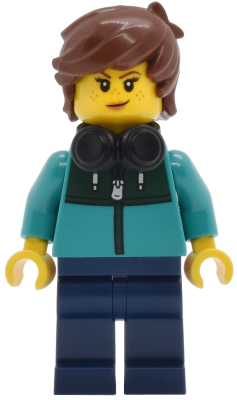 Tudor House Resident - Dark Turquoise Jacket with Dark Green Panel, Dark Blue Legs, Reddish Brown Hair Tousled, Black Headphones