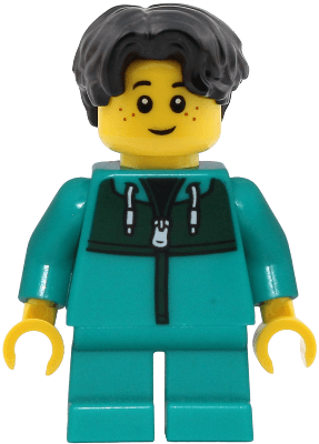 Child - Boy, Dark Turquoise Jacket with Dark Green Panel, Dark Turquoise Short Legs, Black Hair Wavy