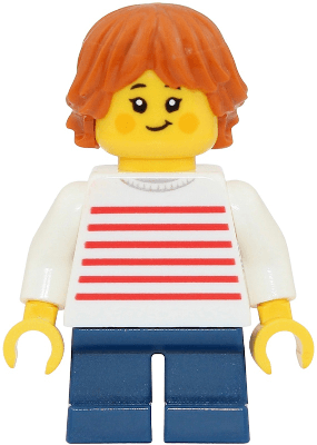 Child - Girl, White Sweater with Red Horizontal Stripes, Dark Blue Short Legs, Dark Orange Tousled and Layered Hair
