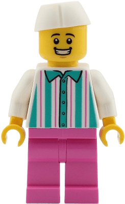Food Vendor - Male, White Shirt with Dark Turquoise Stripes, Dark Pink Legs, White Butcher / Food Service Cap