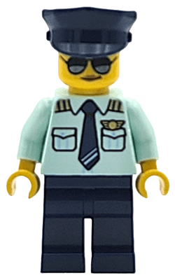 Minifigurka LEGO® twn556 Airplane Pilot - Female, Light Aqua Uniform Shirt with Tie, Dark Blue Legs and Hat, Sunglasses