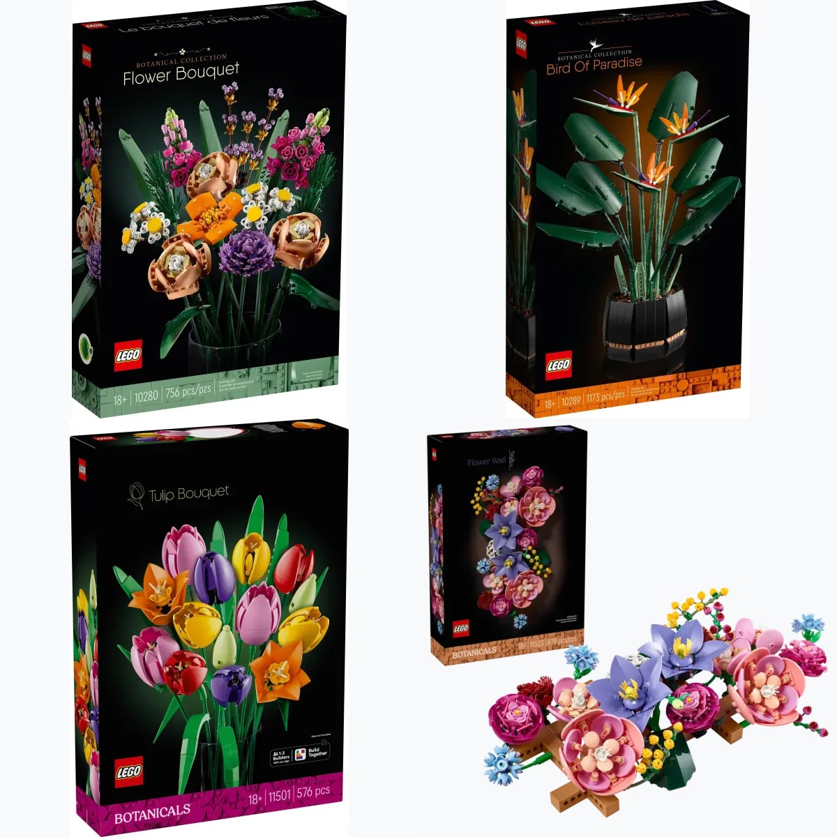 Zestawy LEGO Botanical Collection z różnych lat: Bukiet kwiatów, Strelicja królewska, Bukiet tulipanów i Kwiatowa ścianka